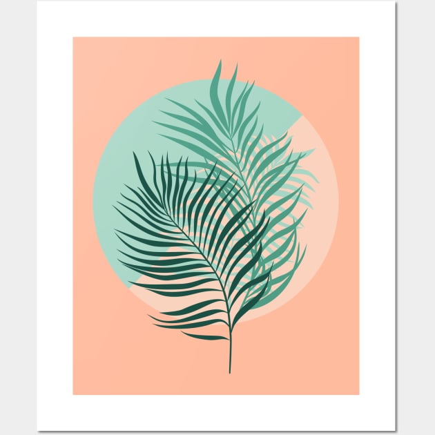 Tropical palm leaves (turquoise and blush background) Wall Art by lents